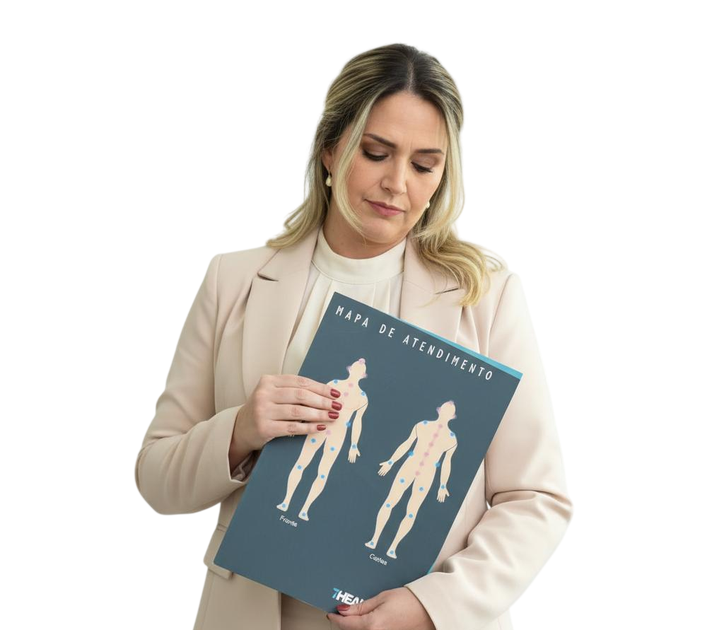Ana Maria Vidal segurando o mapa de atendimento 7Healings